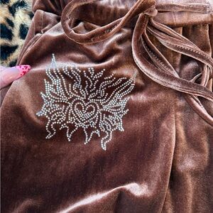 SHEIN Brown Velvet Flare Pants with Rhinestone Design